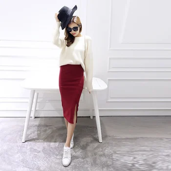 

Women Solid Fashion Slit Skirts Woman Ladies Stretch Slim Thin Female Waist Step Pencil Skirt z1