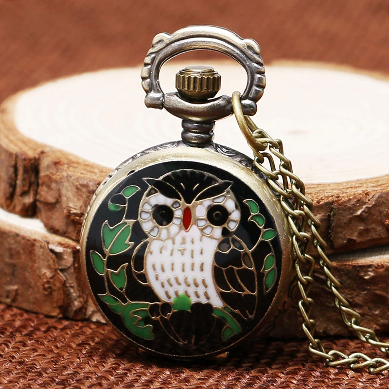 

New Arrival Bronze Small Size Owl Design Quartz Fob Pocket Watch With Sweater Necklace Chain Gift For Girls Women