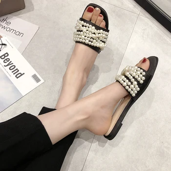 

Fashion Summer Beach Party Dresses shoes Fulgurant Pearl Sandals thin Belt Roman Flat Women Flip Flops Casual Flat Slippers