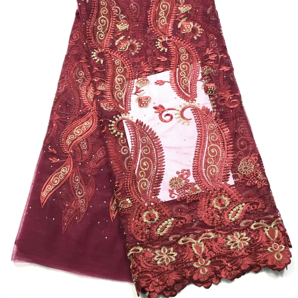 

2019 Latest French Lace Fabric Burgundy High Quality Wedding African Lace Fabric With Stones Tulle Lace Fabric M31181