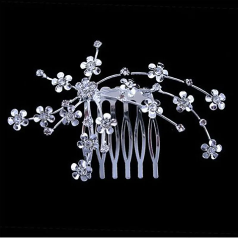 

Women Crystal Flower Hairpins Silver-Color Wedding Rhinestone Plum Blossom Tiara Hair Comb Bridal Accessories Headwear