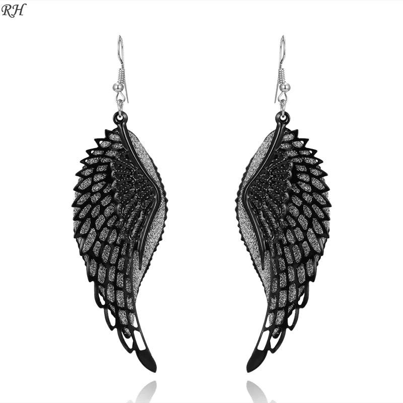 

Fashion Big Gray Brand Bohemia Metal Scrub Round Wings Drop Earrings For Women Jewelry Silver Feather Dangle Drop Earring