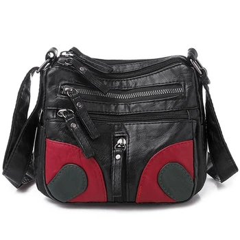 

AUAU-Women Black Messenger Bags Vintage Soft Pu Leather Handbag Female Casual Totes Shoulder Bag Design Zipper Ladies