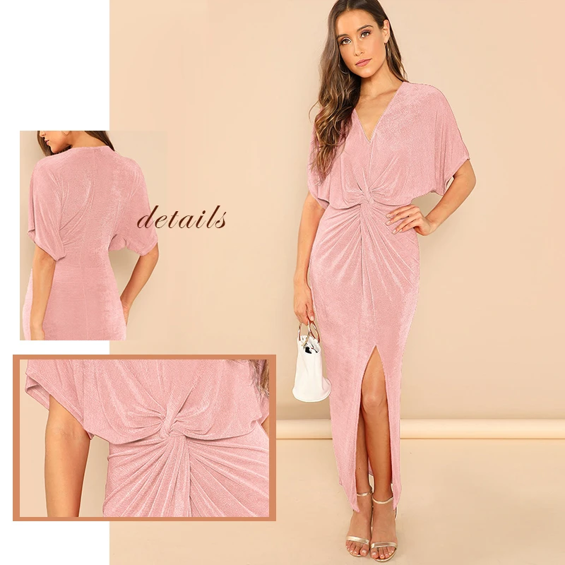 Sheinside розовое блестящее платье с рукавами летучая мышь, с разрезом, с v-образным вырезом, с коротким рукавом, платья для вечеринок для женщин, летнее платье-карандаш