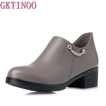 

GKTINOO Ladies Pumps Leather Med Heels Slip On Women Pump Square Heel Women Shoes Round Toe Pumps Spring Autumn Footwear