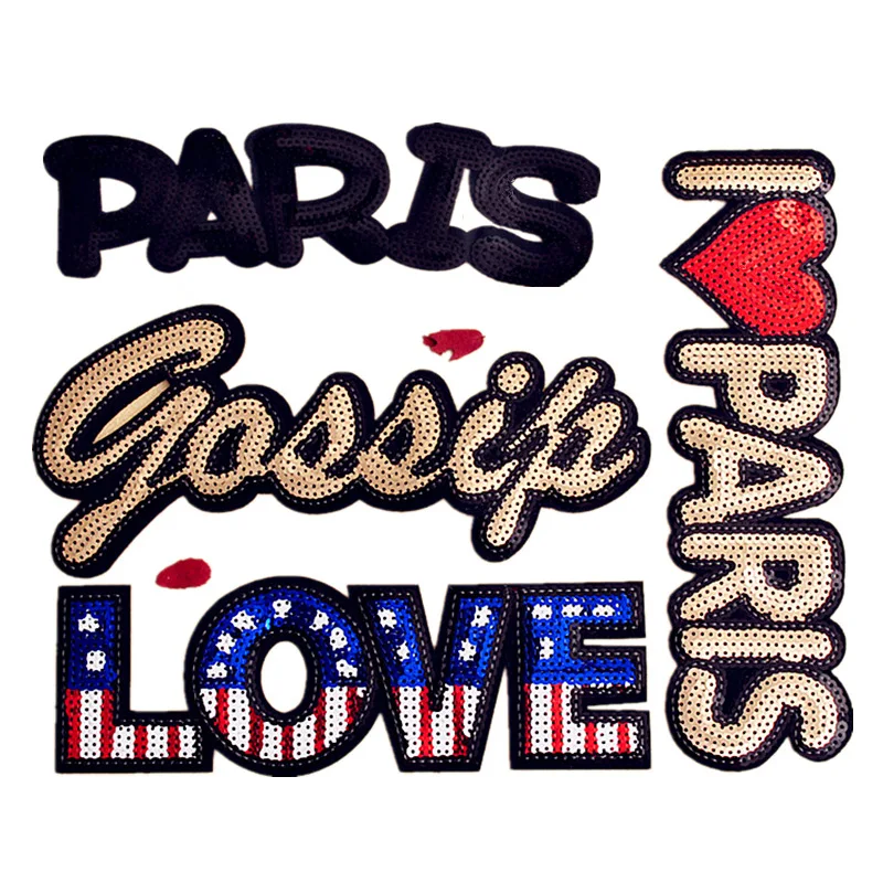 

Big Size LOVE PARIS Sequins Fabric Patch Embroidered Iron on Patches For Clothing DIY Decoration Clothes Stickers Applique Badge