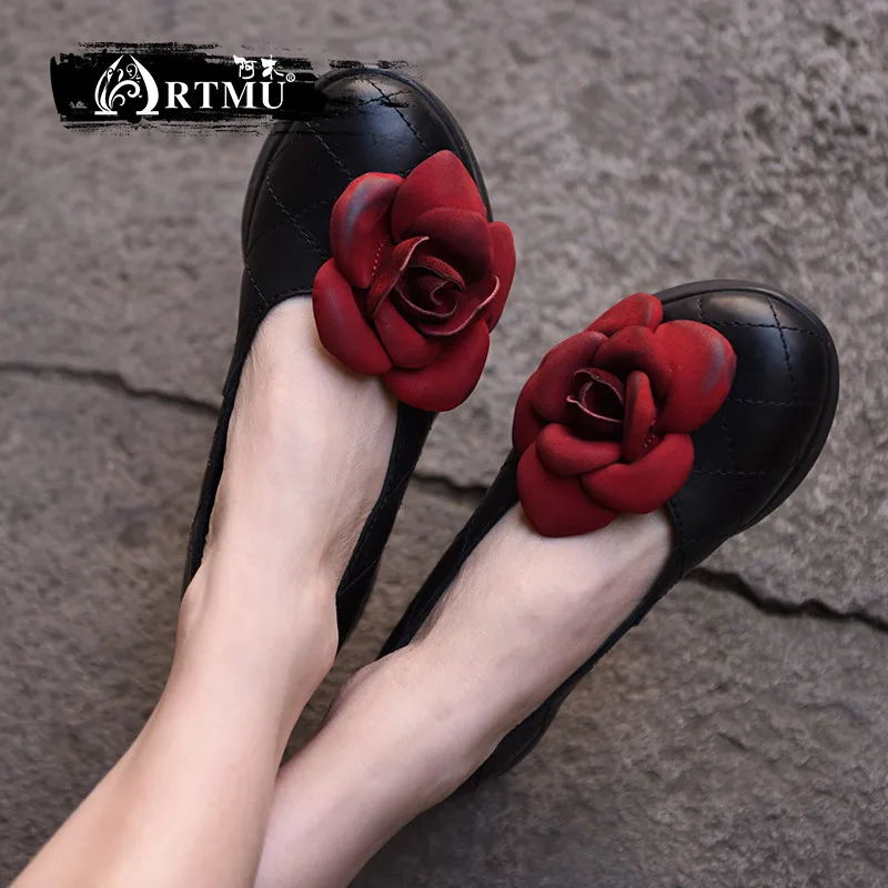 

Artmu Original New Flower Genuine Leather Shoes Thick Sole Wedges Heels Handmade Retro Women shoes 1585