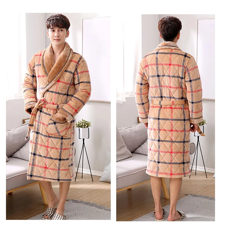 Новый Для мужчин зимние 3 слоя кораллового цвета Feece стеганый Халат плед кимоно с длинными рукавами банный халат Повседневное Домашняя