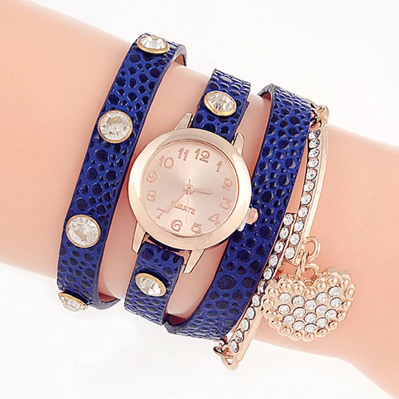 Модные женские часы с сердечком и бриллиантами, кожаные кварцевые часы для женщин, металлический браслет смотреть Relogio Feminino Reloj Mujer - Цвет: Синий