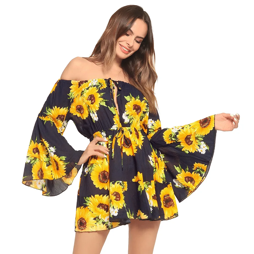

Women's Horn Sleeve Printed Lace With A Shoulder Dress Short Vestidos De Mujer Tallas Grandes Vintage Boho Dress