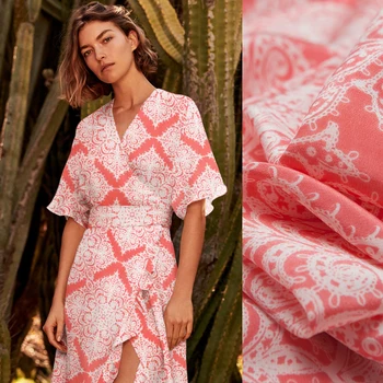 

Coral pink color and white Geometric pattern pure silk crepe de chine fabric,sewing for dress,skirt,blouse,craft by the yard
