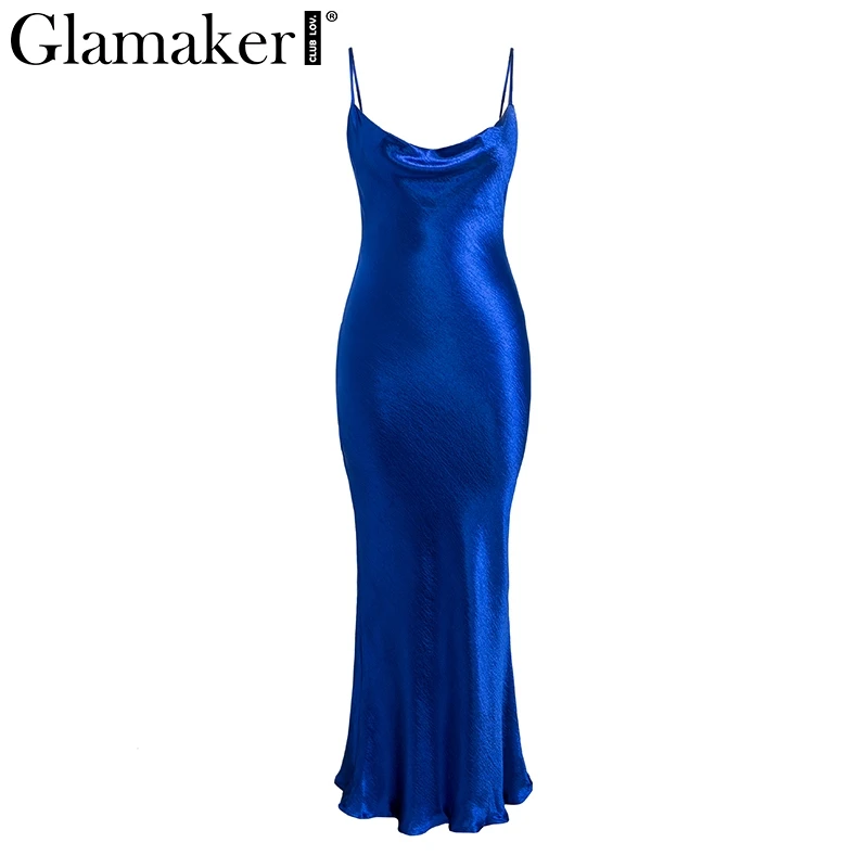 Glamaker, Золотое сатиновое сексуальное платье на шнуровке, женское Модное Длинное Платье с открытой спиной для вечеринки, элегантное мягкое платье макси в стиле ретро для ночного клуба - Цвет: Синий