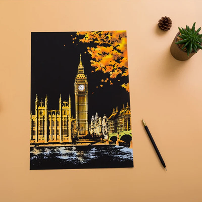 

DDWE Colorful City Natural and World famous Building Scratch Painting Drawing toy For Children Crafts Art Scraping Painting Gift