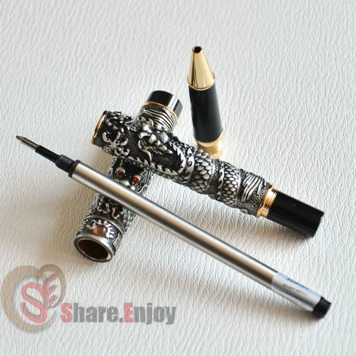 Шариковая ручка JINHAO старая серая с двумя бусинами DRAGON PLAY медная золотым и