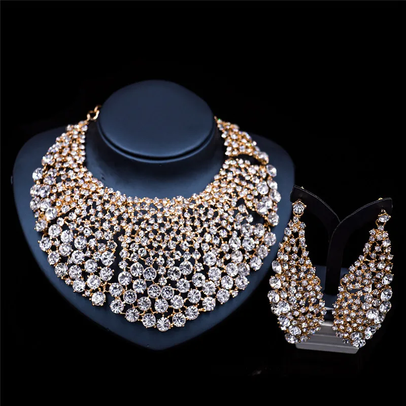 

2017 New Fashion Silver&Gold Necklace Earrings Jewelry Sets Full Rhinestone Bridal Wedding Party Jewelry Sets LF-G024