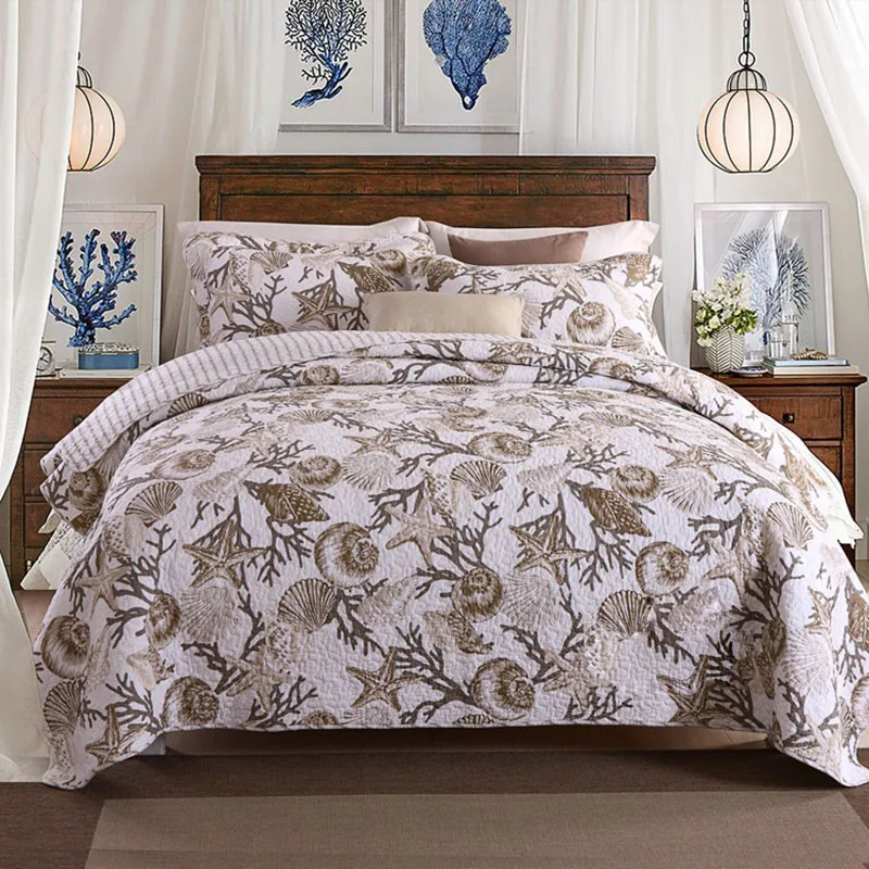 

CHAUSUB Bedspread Quilt Set 3PCS Coverlets Quilted Cotton Quilts Marine Print Bedding Bed Cover Pillowcase King Size Blanket