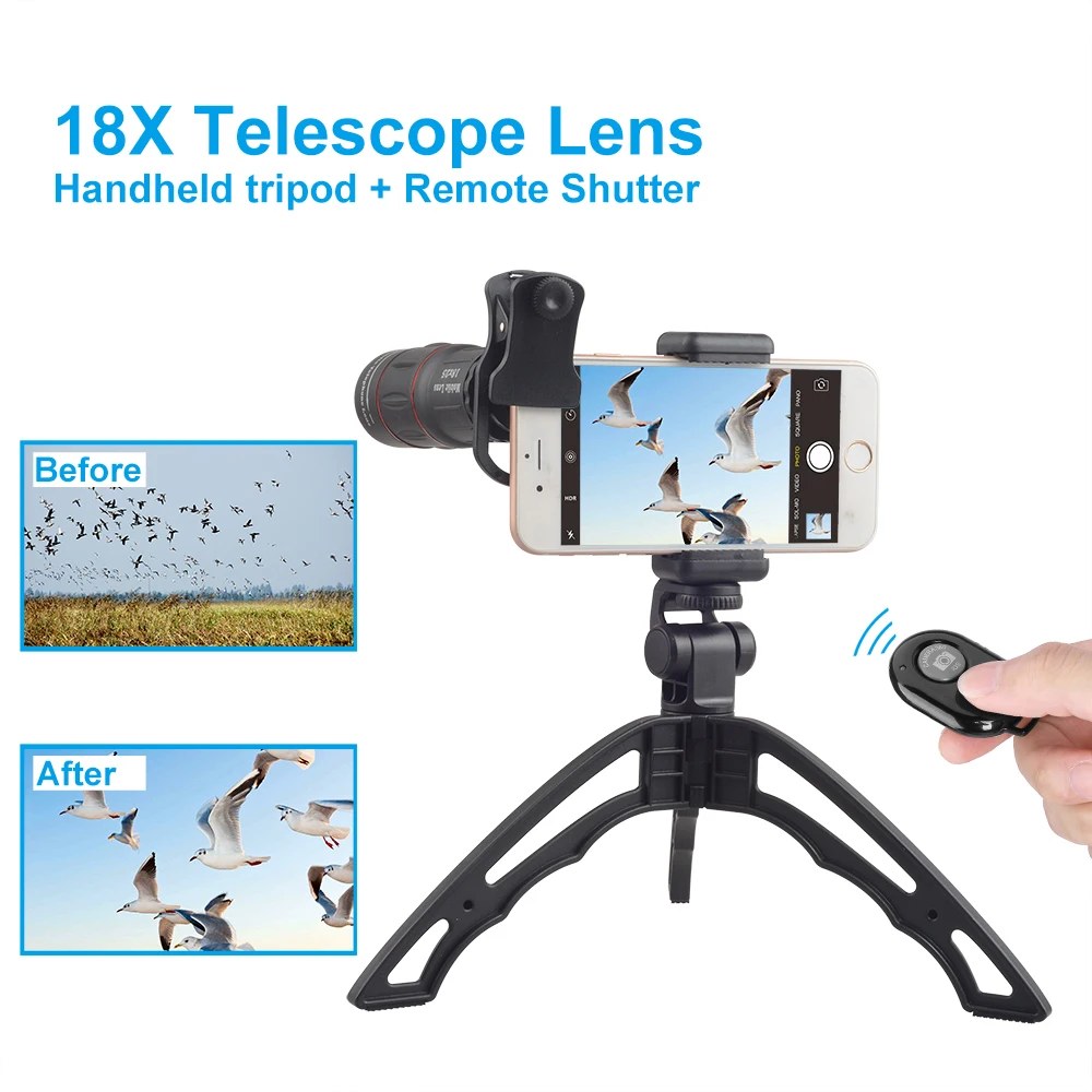 

Apexel phone camera lens 18X Zoom Telescope lens Monocular with tripod remote shutter For iPhone X XS XR and Other Android Phone