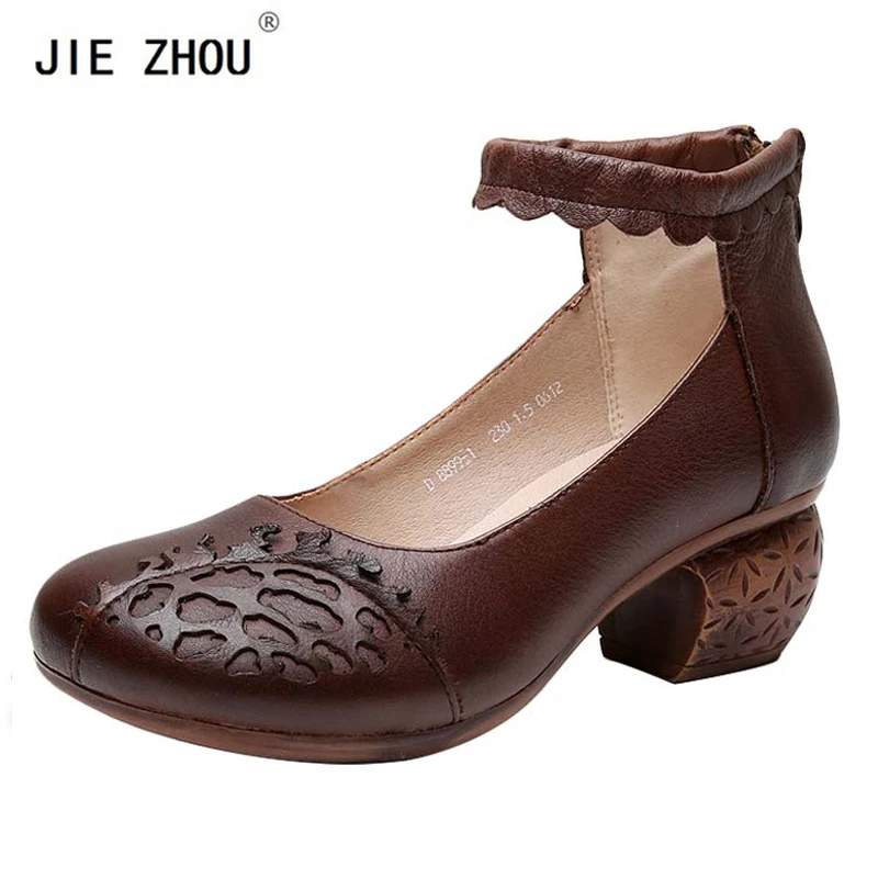 

New Spring Autumn Women Pumps Ethnic Style Genuine Leather Women Shoes Square Med Heel Round Toe Ankle Strap Shoes Woman