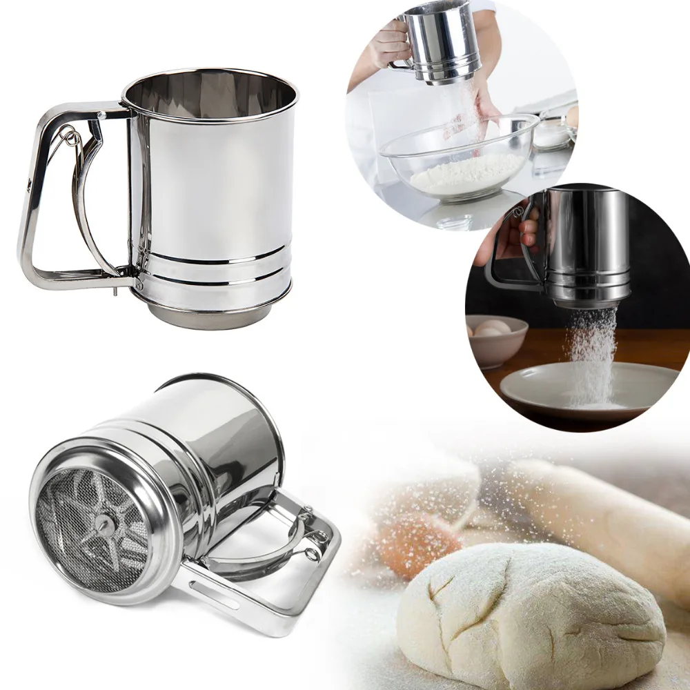 

Stainless Steel Semiautomatic Flour Sieve Mugs Design Flour Sifter Shaker Baking Pastry Tools Bakeware Strainer for Coffee Icing