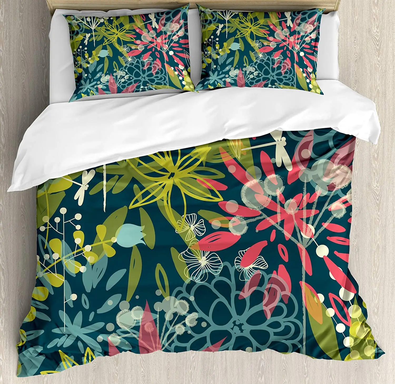 

Leaf Queen Size Duvet Cover Set by Ambesonne Petrol Green Backdrop Abstract Flowers Dragonflies Buds Dandelions Image Decorative