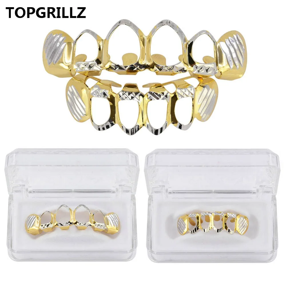 

JINAO Hip Hop Grillz D-Cut Teeth Caps Pure Gold Color Plated Top & BottomHollow Teeth Grills sets 4 Open Men & Women Tooth Grill