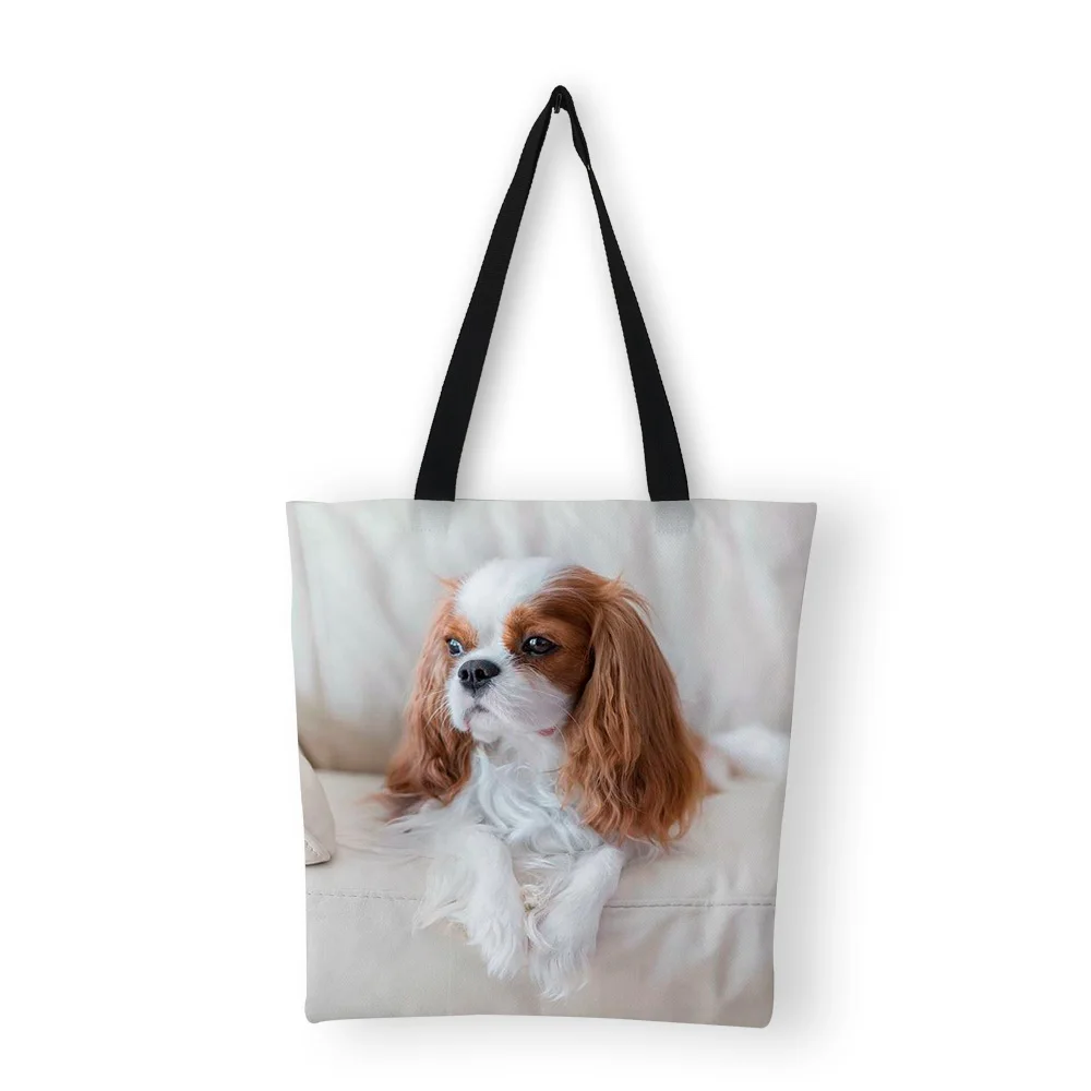 

Women Bags 2019 Summer Kawaii Puppies Charles Spaniel Dog Oil Painting Print Canvas Reusable Shopping Bag