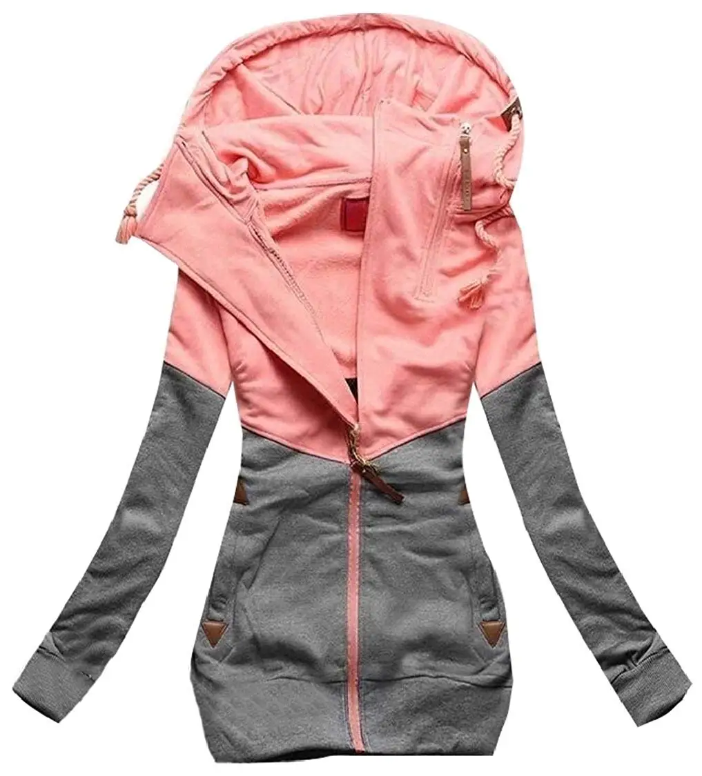 Для женщин Цвет блока толстовка куртка Drawstring Full Zip Slim Fit толстовки Толстовка Куртка
