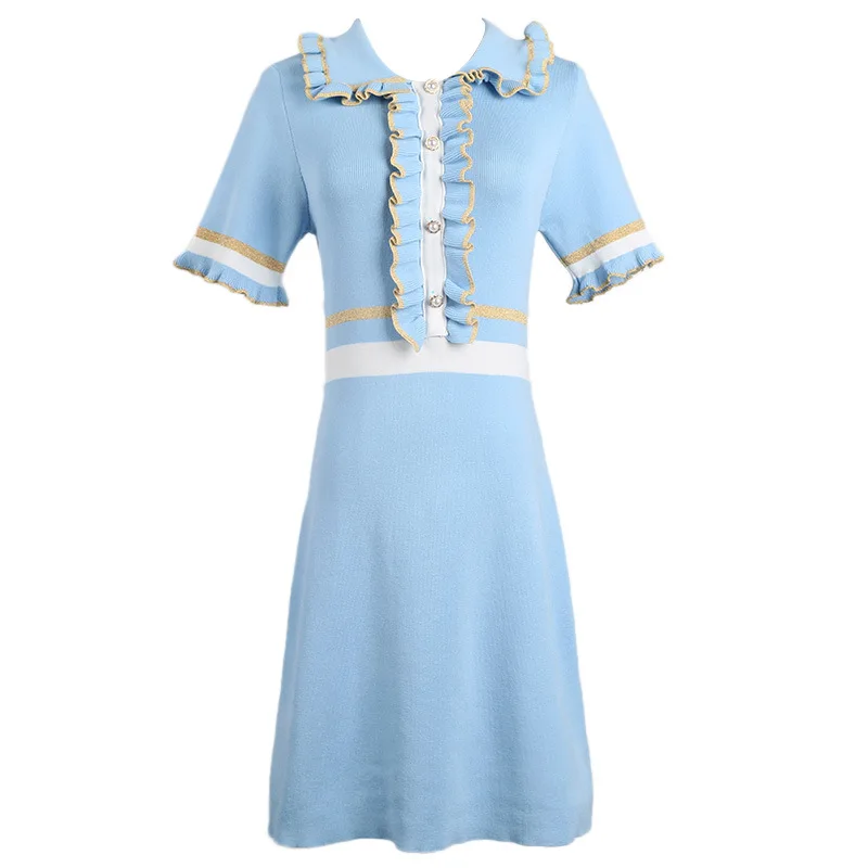 

Light blue Knit Dress Ruffle 2019 autumn Dress Lape High Short-sleeved contras wooden ear Gold line mid-length slim knit dress