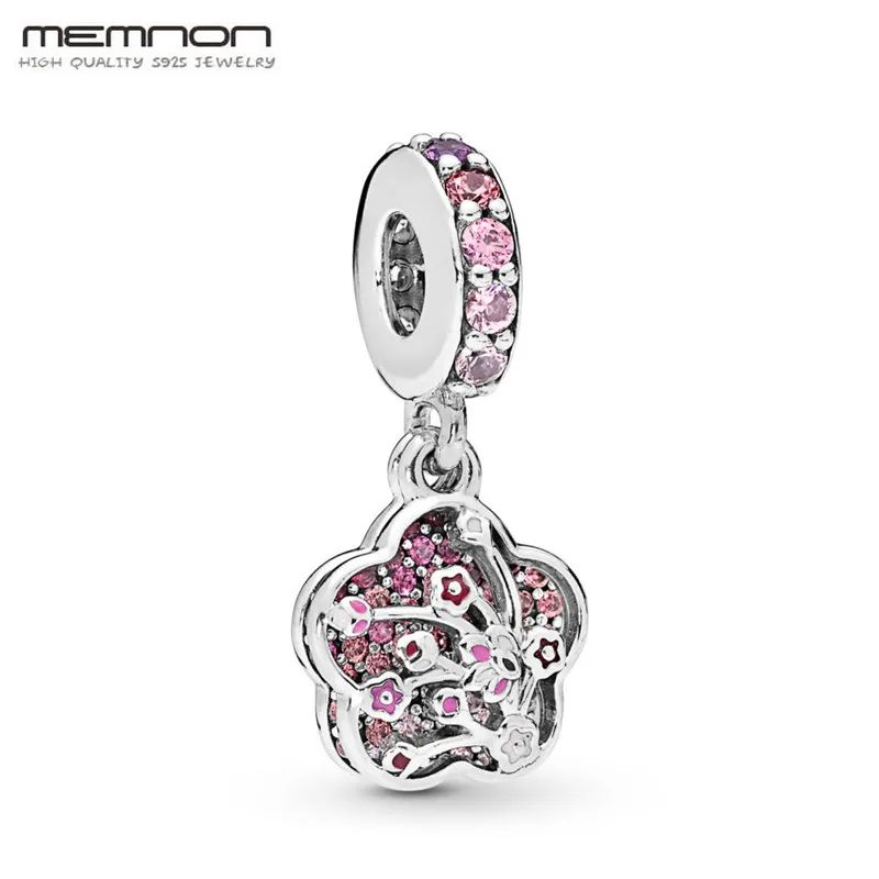 

Spring Peach blossoms flower dangle charms 925 sterling silver pendant charm fit bead bracelets necklaces DIY for jewelry making