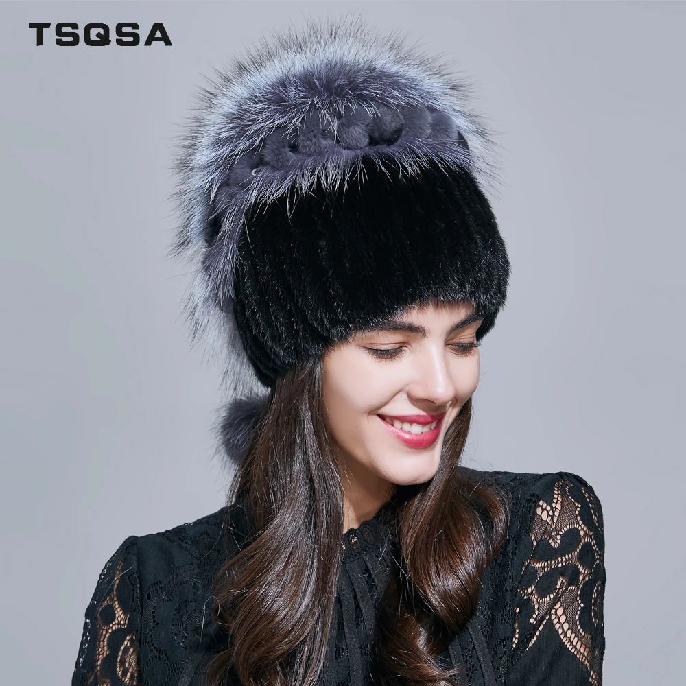 TSQSA gorro de piel de zorro Real cálido de invierno gorros de piel de visón Natural para mujer TAH1806 - 2