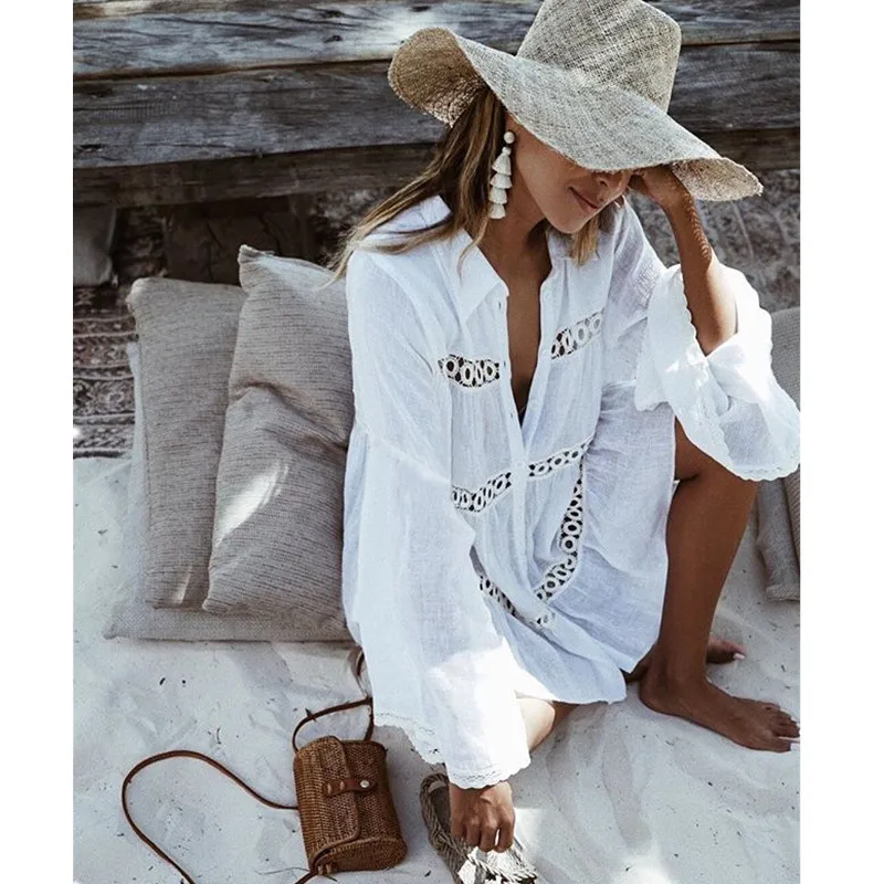 

2018 Summer Beach Dress Boho Chic Tunic Lace Hollow Crochet Swimsuit Femme Dresses Women Ladies Bathing Suit Beach Wear