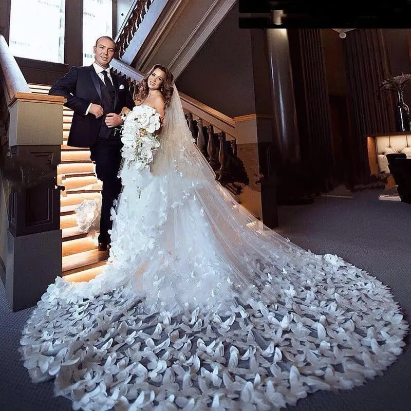 

New Luxury One-Layer Ivory White 3D Flowers Cathedral Long Veils Wedding Accessories With Comb Bridal Veil