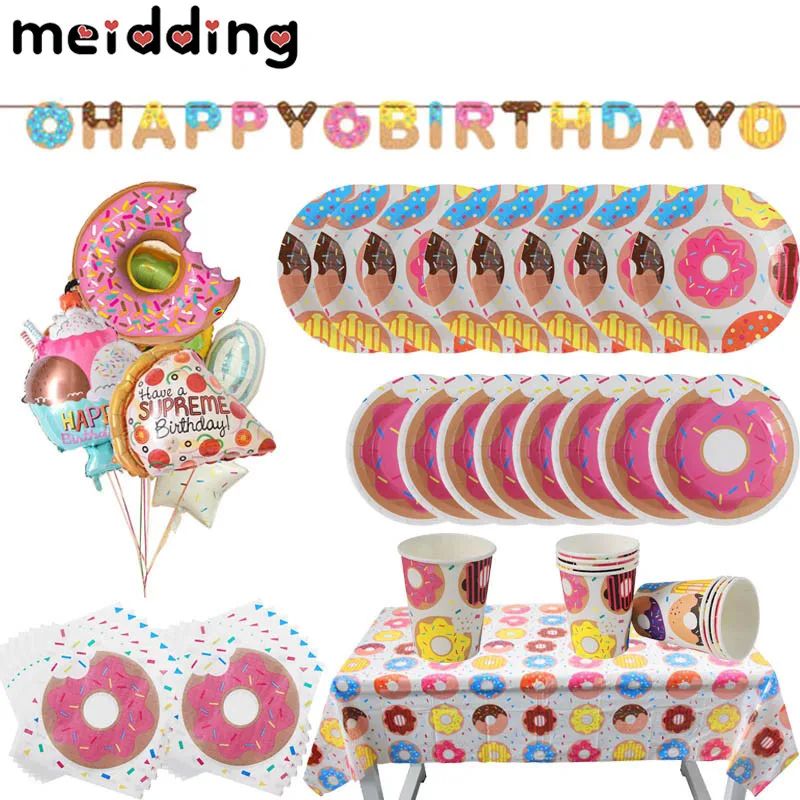 

MEIDDING Donut Party Disposable Tableware Paper Plates Cups Napkins Banner Baby Shower Kids Birthday Party Decoration Supplies