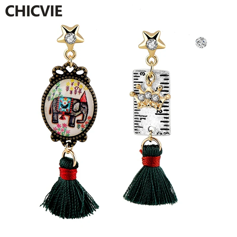 

CHICVIE Hanging Golden Earring Designs For Women Bohemian Jewelry Lady Elephant Earrings set Handmade Tassel Earrings SER170027
