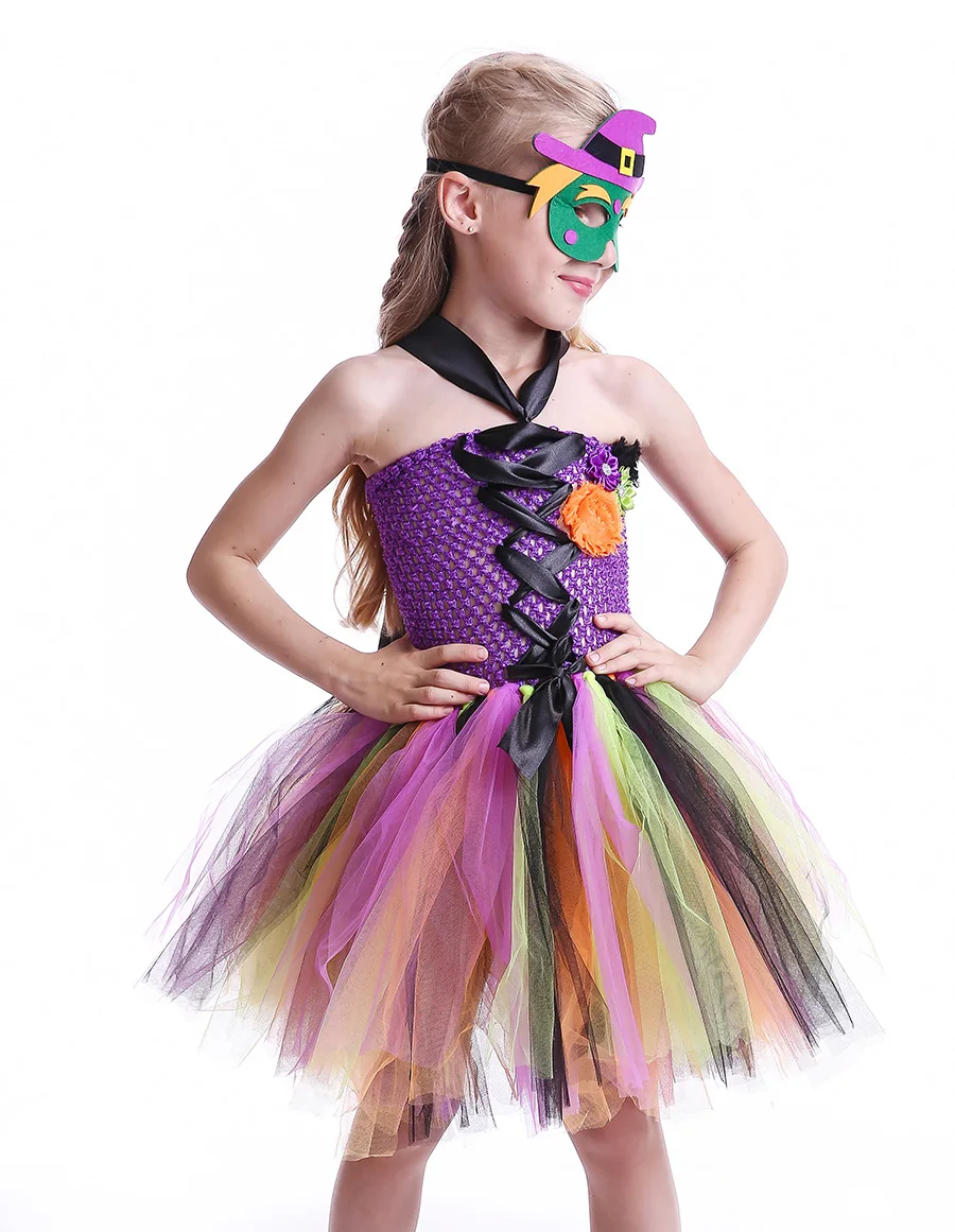 Girls Witch Tutu Dress with Mask Rainbow Style Kids Halloween Costumes Tulle Flower Baby Girl Fancy Carnival Party Tutu Dresses (9)