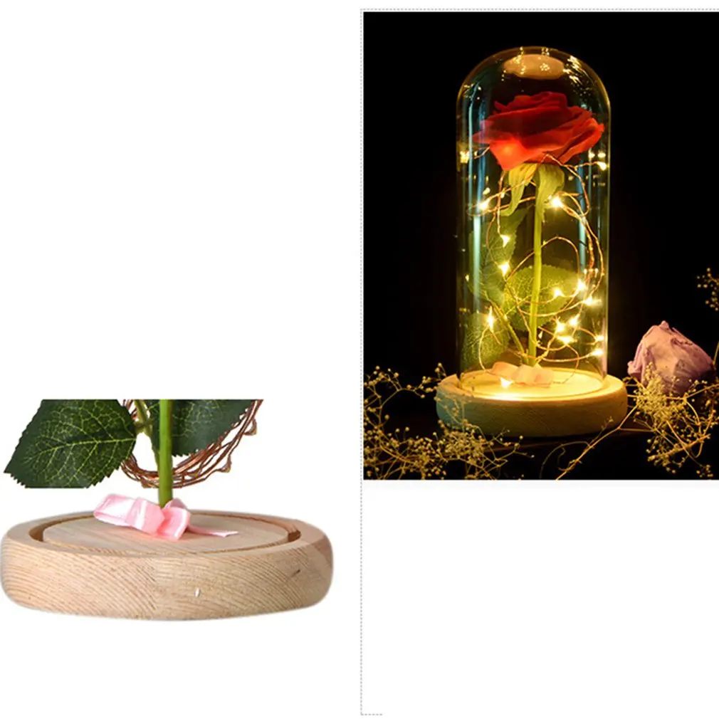 Rose LED Night Lamp String Light in a Glass Dome with Wooden Base - Valentine's Day Gift, Room Decor, Battery Powered image 4