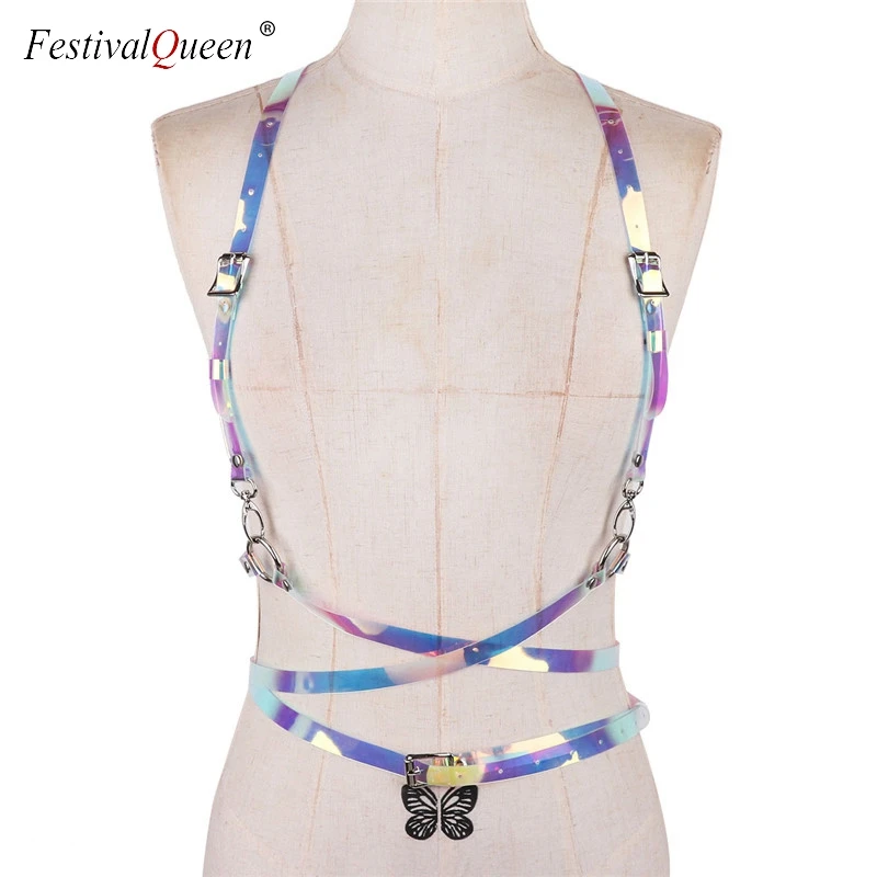 

FestivalQueen Sexy Handmade Clear Laser holographic Choker harness Cross Belts Spikes Chain torques club party women waist Belt