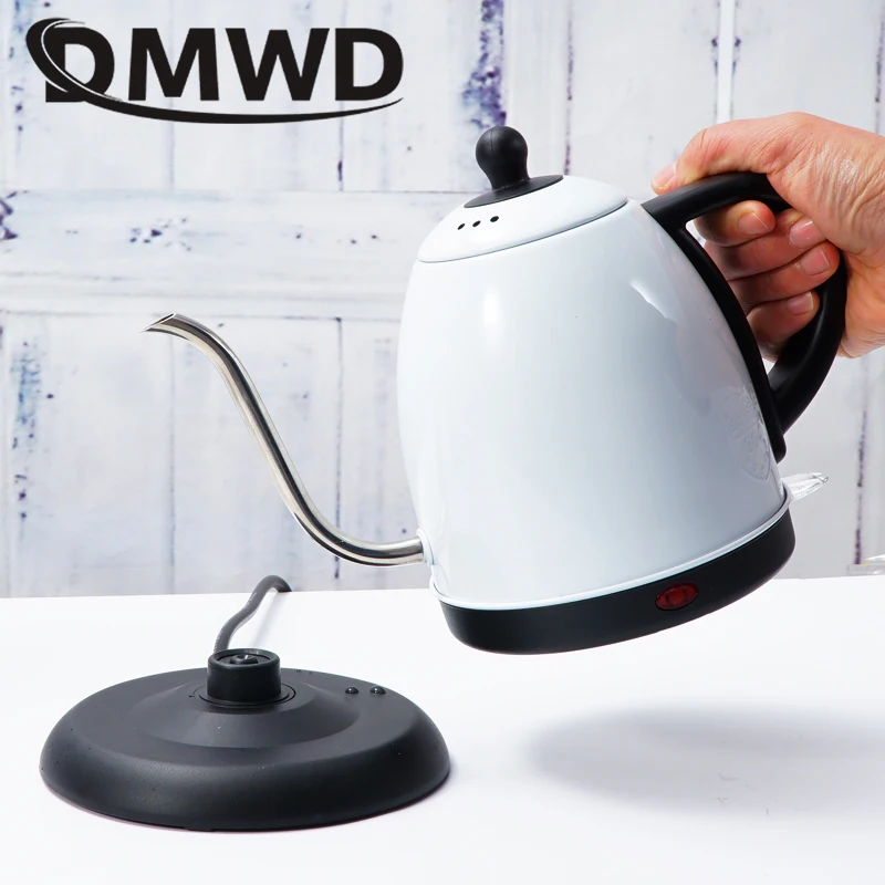 DMWD Электрический чайник из нержавеющей стали с длинным горлышком, 1л мощный бойлер для горячей воды, безопасная функция автоматического отключения, нагревательный чайник