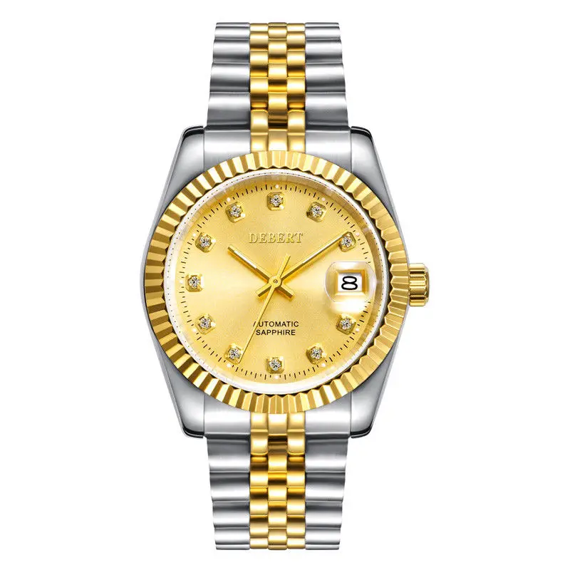

DEBERT Men Mechanical Watch Diamond Dial Gold stainless steel band sapphire glass Miyota Automatic movement