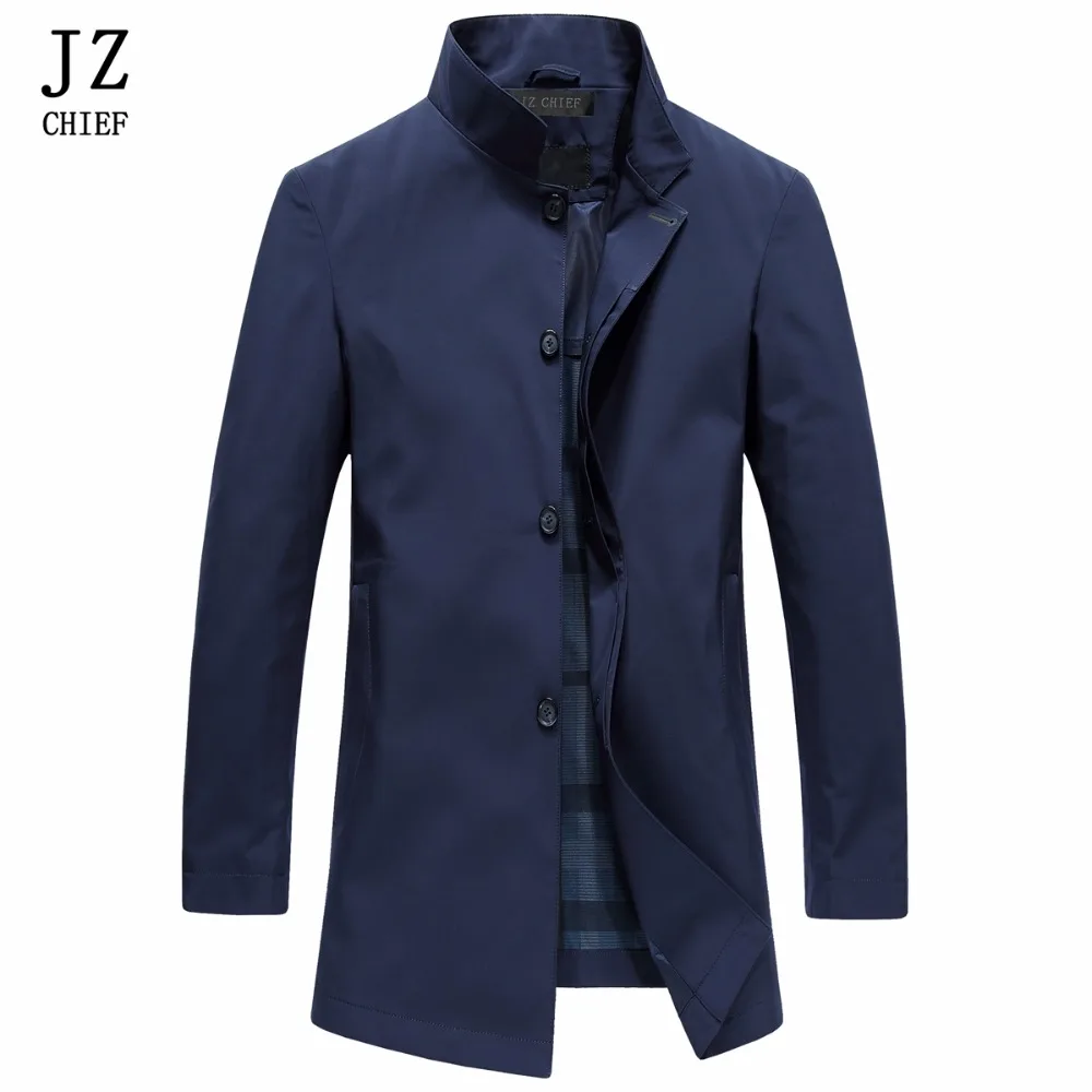 JZ CHIEF Trench Coat Men Solid Color Jacket Mens Stand