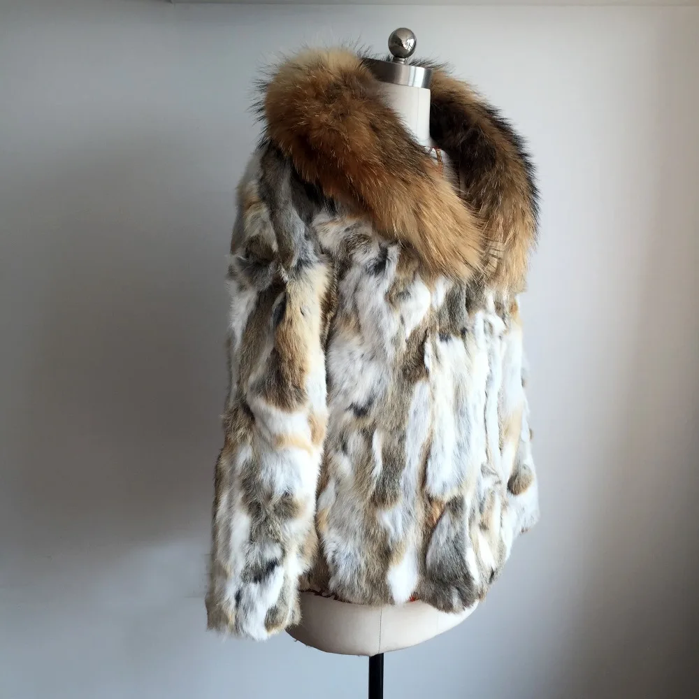Новая мода низкая Скидка натуральный мех кролика пальто с роскошным воротником из натурального Лисьего меха с фабрики OEM KFP986