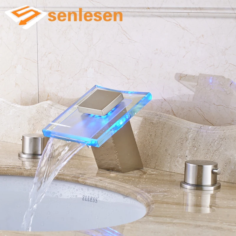 

LED Light Color Changing Bathroom Basin Vessel Sink Mixer Taps with Dual Handles