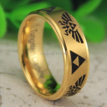 

Free Shipping USA UK CANADA RUSSIA Brazil Hot Selling 8MM Brushed Golden Stepped LEGEND Of ZELDA &Triforce Tungsten Wedding Ring