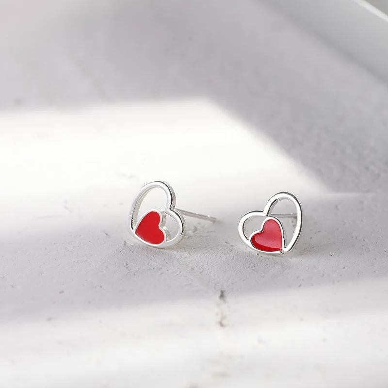 

925 Sterling Silver Red Heart Stud Earrings For Women Grils Wedding Gift Female pendientes mujer moda eh1136