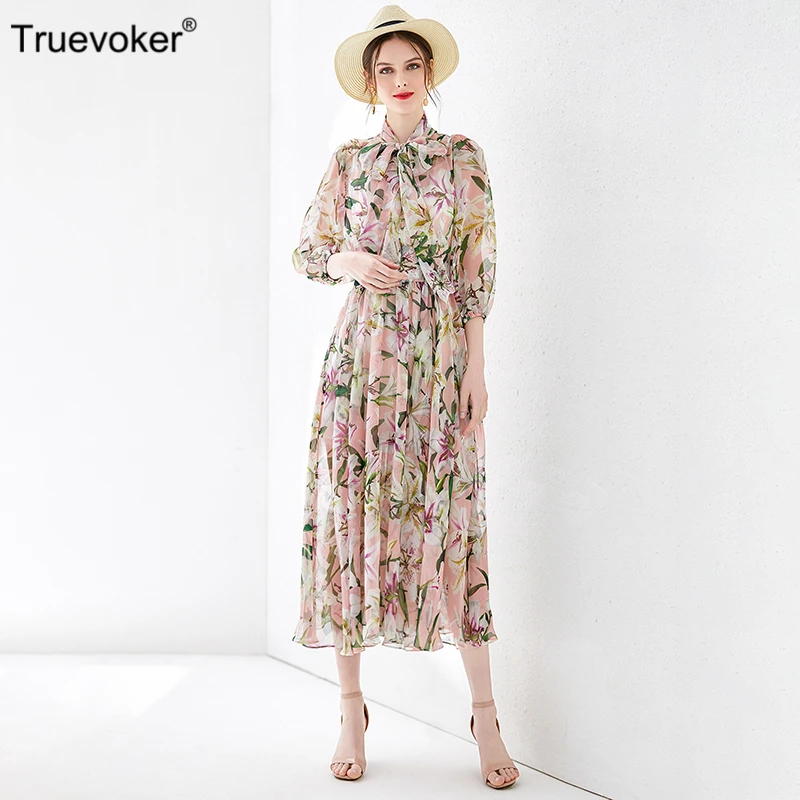 

Truevoker Designer Summer Holiday Dresses Women's High Street Fashion Puff Sleeves Bow Collar Lily Floral Printed Midi Vestidoes
