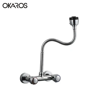 

OKARO Wall Mounted Kitchen Faucet Universal Flexible Spout Kitchen Mixer Tap Dual hanlle Hole Chrome Sink Water Tap Mixer C031