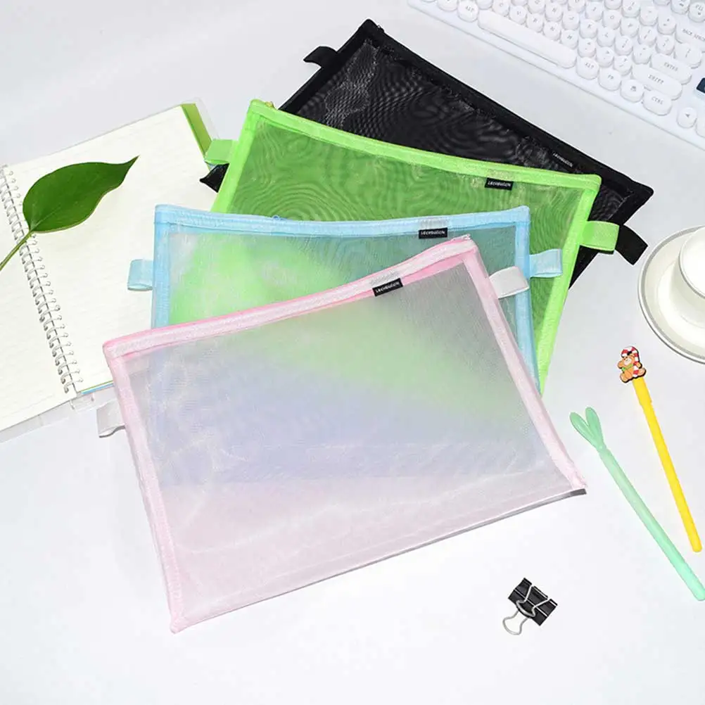 

4pcs A4 Portable Office Stationery Bag Mesh Zipper File Bag Pencil Pouch For Office School Supplies (Blue+Pink+Green+Black)