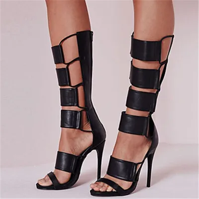 

Sexy Ladies Elastic Square Black Leather Summer Ankle Boots Gladiator Cut Out Boots Peep Toe Mujer Thin High Heels Bottines