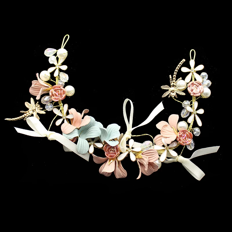 

Handmade Flower Pearl Bride Headdress Dragonfly Wedding Headbands Bridesmaid Beads Headpieces Bridal Hair Jewelry For Women