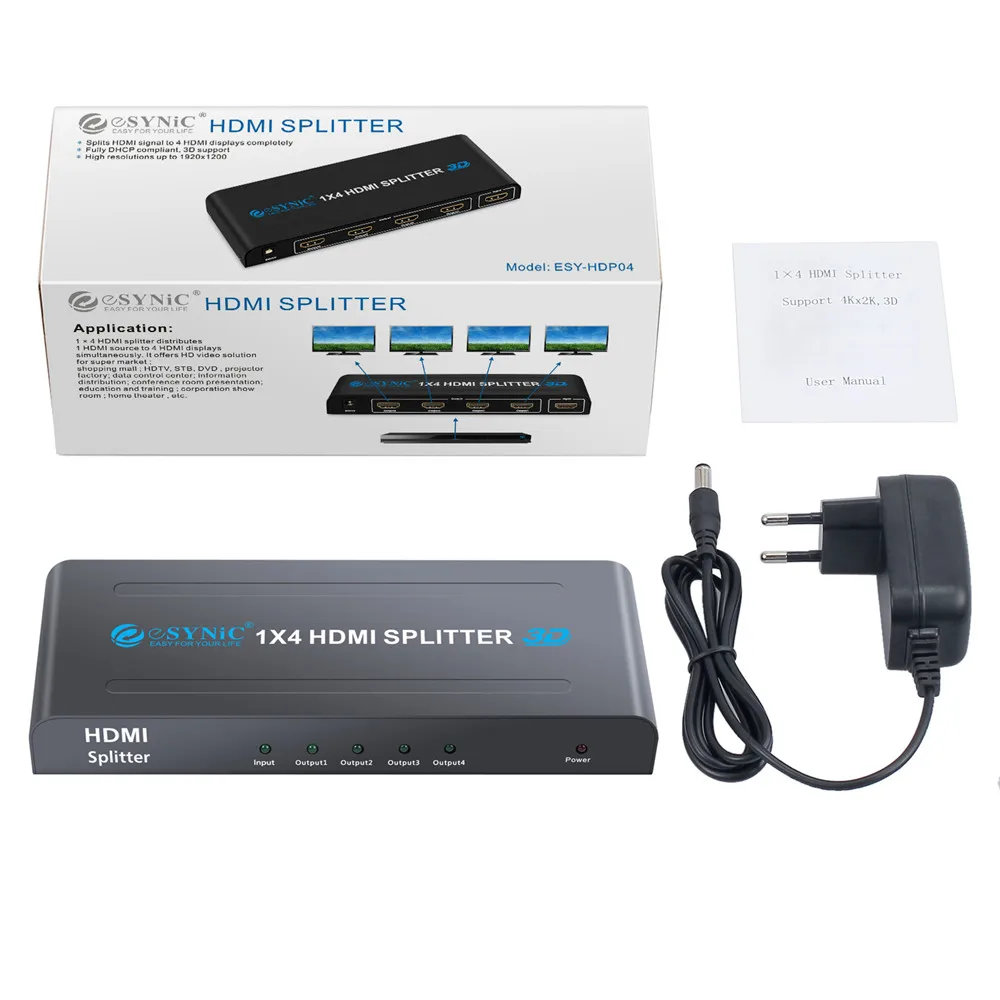HDMI 4 Way Splitter Hub Konverter Duplicator 4K*2K Ultra HD with EU Plug